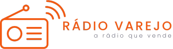 Logo Rádio Varejo na Horizontal na cor laranja. Rádio Varejo, a rádio que vende!
